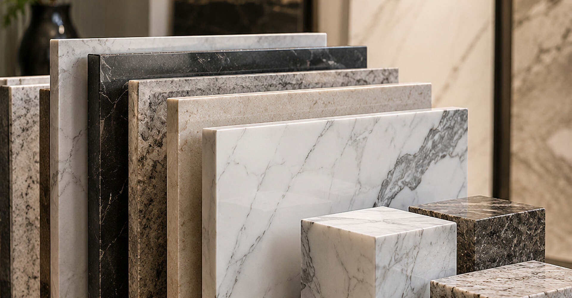 A curated row of stone slab and block samples, including marble, granite, and quartzite finishes