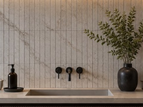Vertical fluted stone tile bathroom backsplash with matte black wall-mount faucet and floating vanity