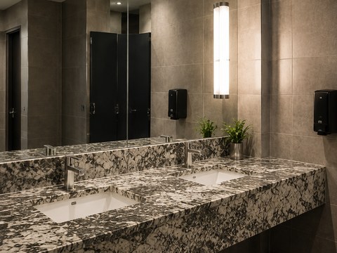 Commercial restroom vanity with patterned black and white granite countertop and dual sinks
