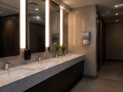 Commercial restroom corridor with long marble vanity counter and three sinks