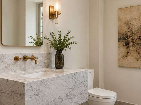 Powder room with floating marble vanity, waterfall edge, and brass fixtures