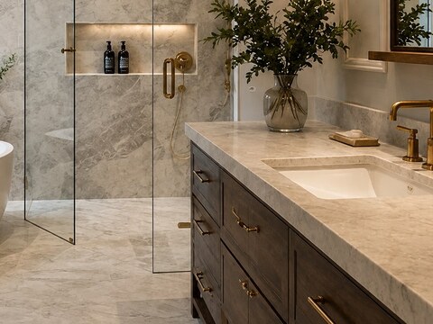 Primary bathroom with marble shower surround, freestanding tub, and dark wood vanity with quartz top
