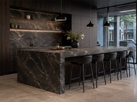 Office breakroom with black marble waterfall island, bar seating, and matching marble backsplash shelving