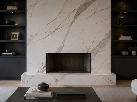 Calacatta gold marble slab fireplace wall flanked by built-in cabinetry and shelving