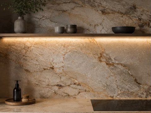 Warm gold-veined marble kitchen backsplash with a floating shelf and integrated LED lighting
