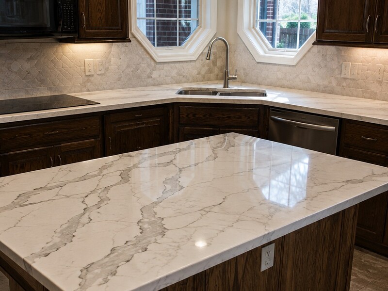 Kitchen island mid-remodel with new quartz countertop installed over existing cabinetry