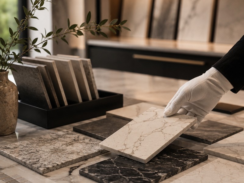 White-gloved hand selecting a marble sample from a curated material display