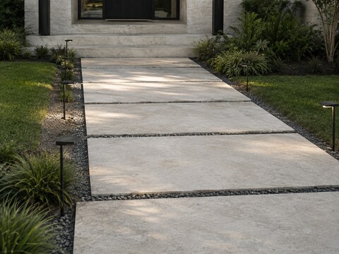Front entry walkway with large-format natural stone pavers set in gravel