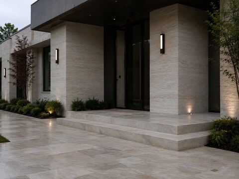 Modern home entrance with natural stone facade cladding and matching stone entry steps